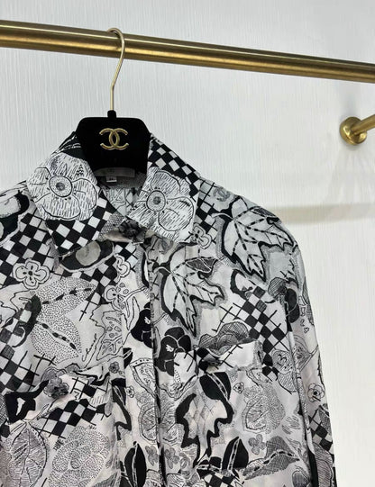 chanel black & white camellia shirt size 36