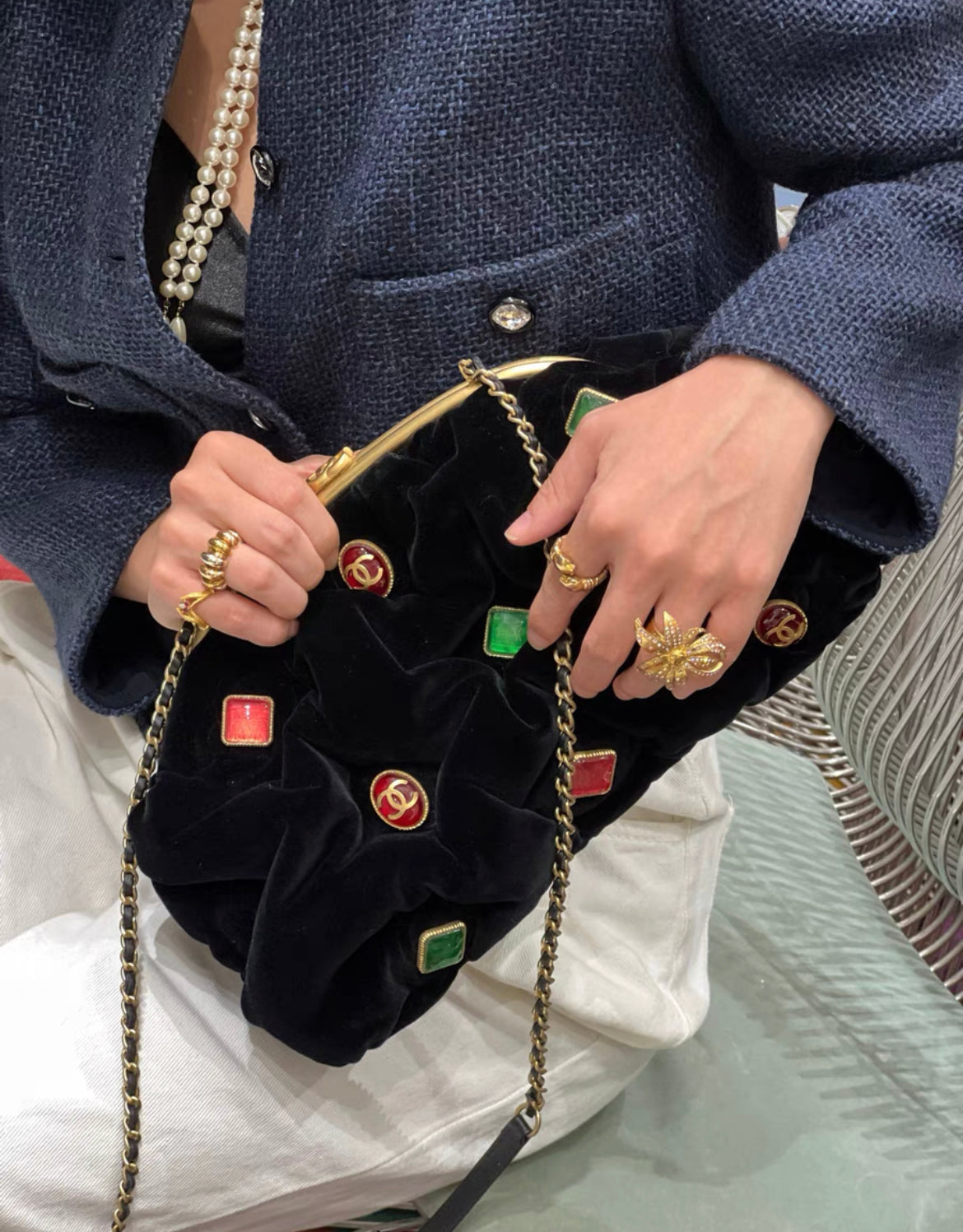 Chanel 2022 Black Velvet, Green and Red Gripoix Embellished CC Pouch Bag Gold Hardware