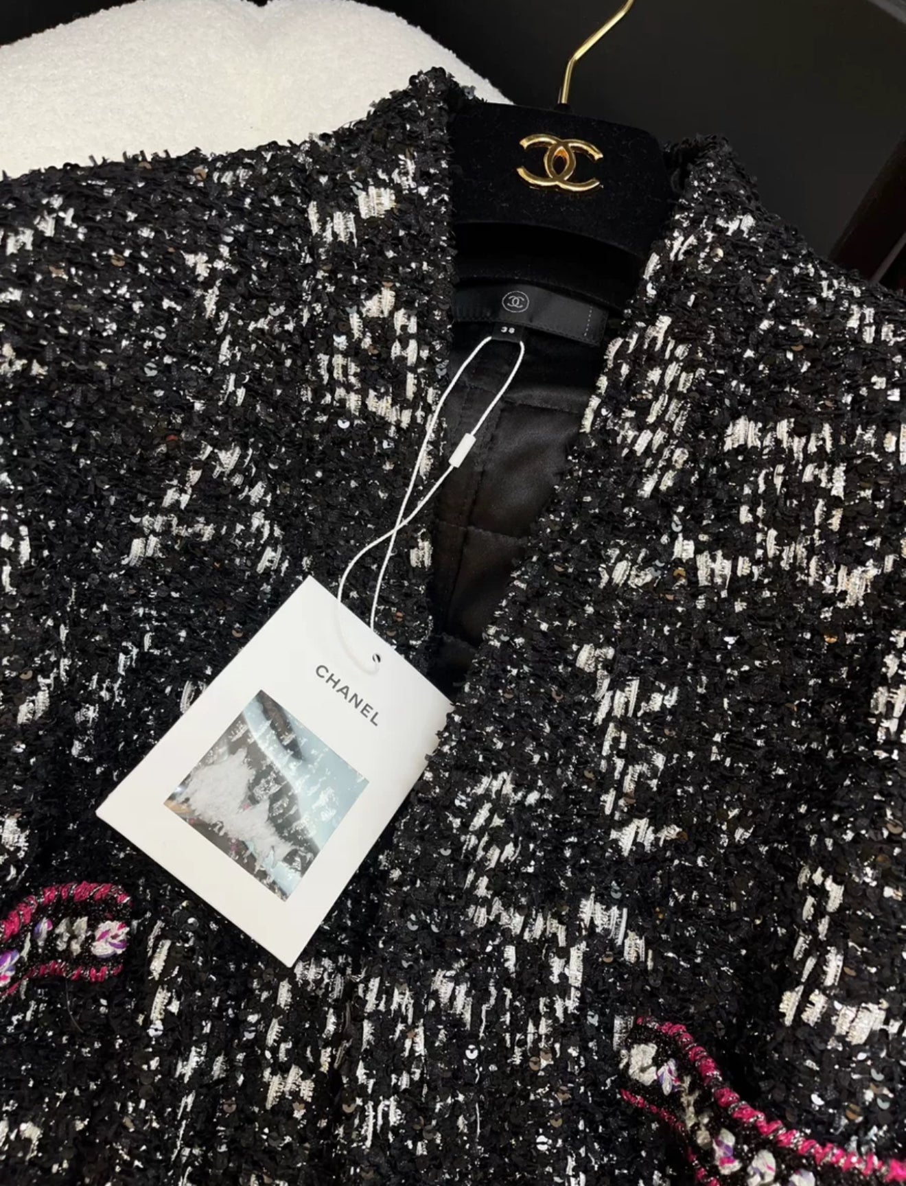 Chanel 24C Black Sequin Tweed Jacket with belt