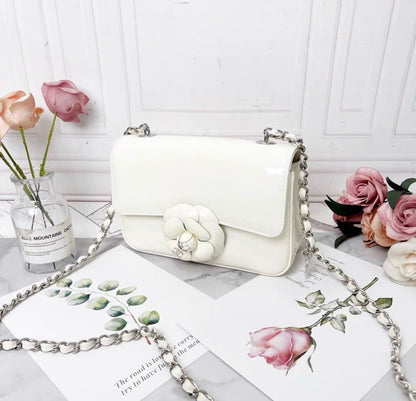 chanel 23k white patent leather camellia large mini shoulder bag