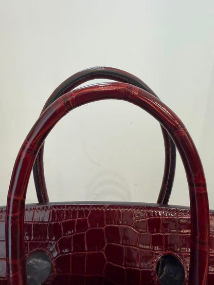 Rare Hermes Birkin 35 shiny Porosus Bordeaux Shiny Porosus Crocodile leather Gold hardware