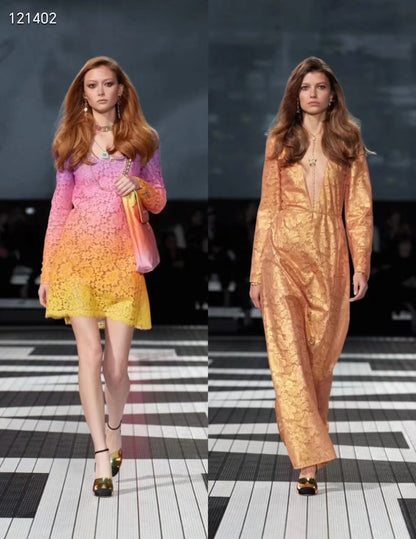 Chanel 24C Gold Lace V-Neck Dress