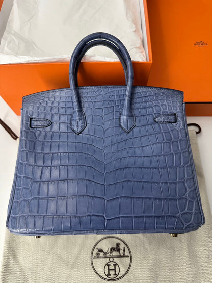 Hermes Birkin 25 blue Brighton matte niloticus Crocodile leather gold hardware