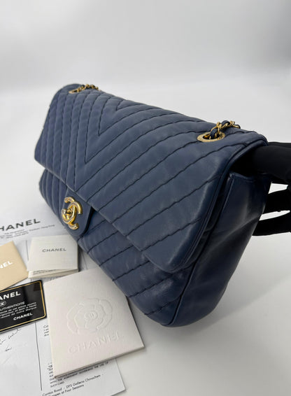 Chanel blue leather flap bag gold hardware