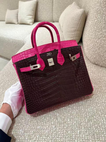 HERMÈS Birkin 25 Rouge Sellier Rose Shocking Matte Alligator Palladium hardware