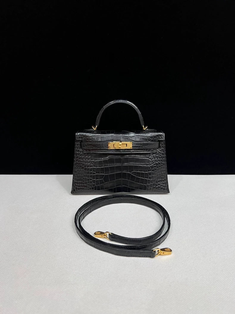 Hermes Mini Kelly 20 black matte alligator leather gold hardware