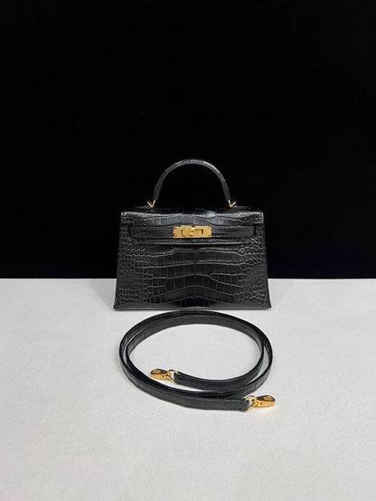 Hermes Mini Kelly 20 black matte alligator leather gold hardware