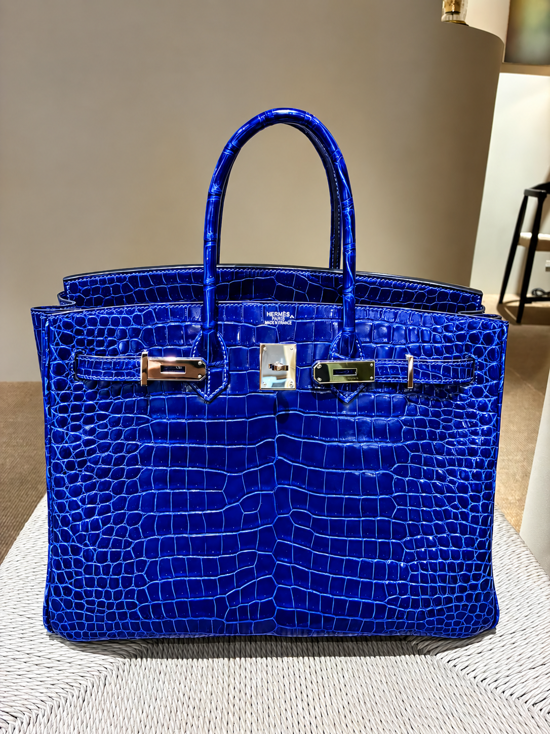 Hermes Birkin 35 Bleu Electric Shiny Porosus Crocodile Leather Palladium hardware (Rare)