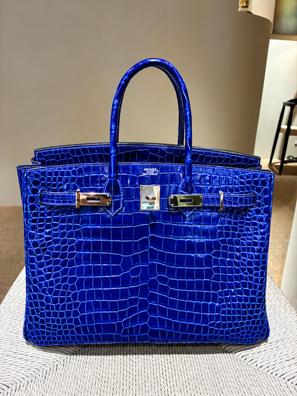 Hermes Birkin 35 Bleu Electric Shiny Porosus Crocodile Leather Palladium hardware (Rare)