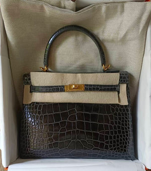 Hermes Kelly 25 Graphite Shiny Alligator Gold hardware