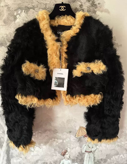 Chanel 21K Black & Light Orange Shearling Lambskin Jacket