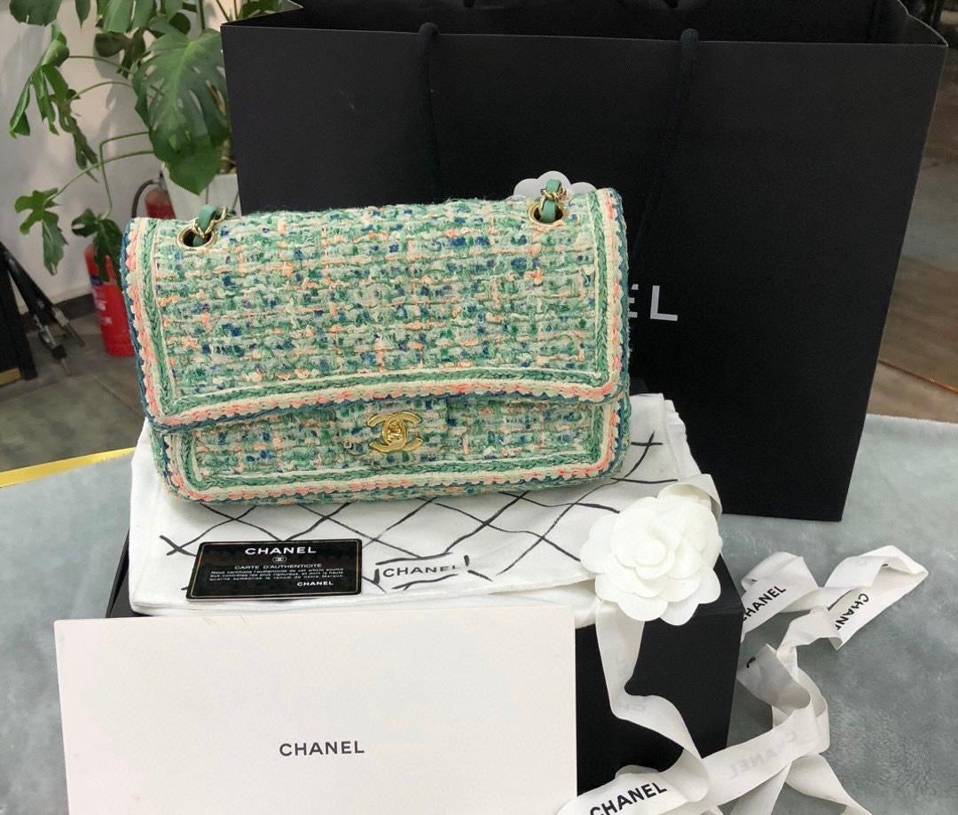 Chanel Classic Double Flap Bag Green Braided Quilted Tweed Medium