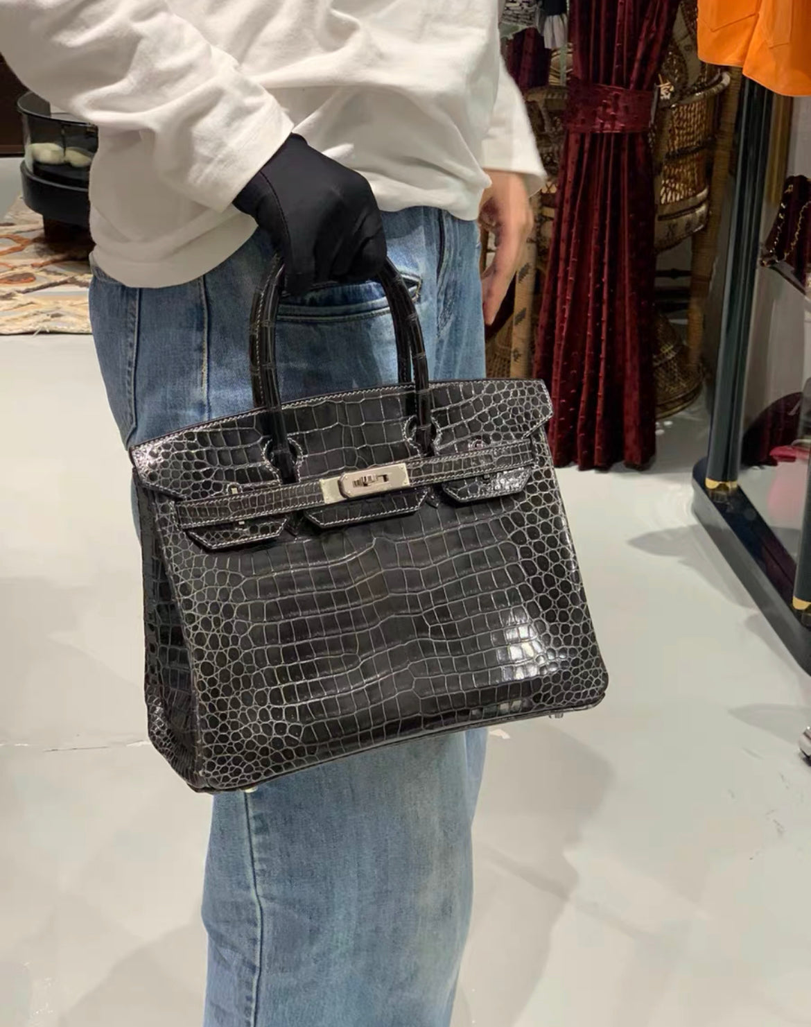 Hermès Birkin 30 Black Matte Alligator with white stitching and Palladium Hardware