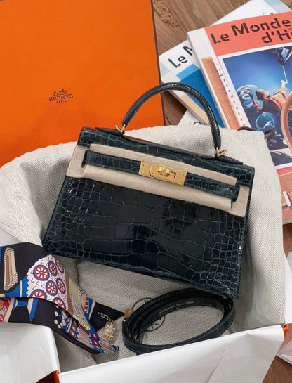 Hermes Mini Kelly Dark Green Shiny Crocodile with Gold Hardware