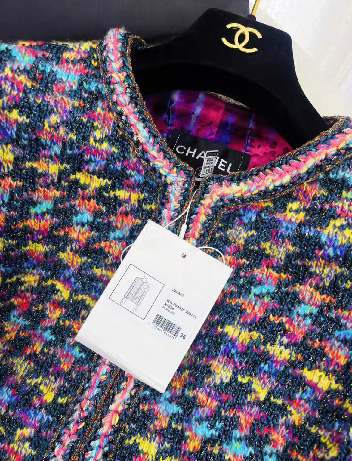 CHANEL - シャネル モヘア ツイードジャケット 虹色 レディース マルチカラー CHANEL 20A Multicolor/Metallic Houndstooth Braided Trim Blazer