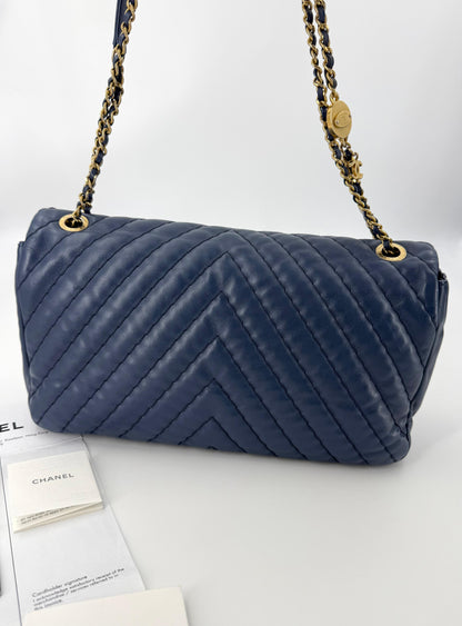 Chanel blue leather flap bag gold hardware