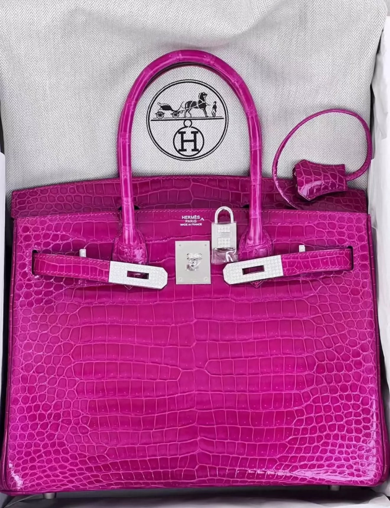 Hermès Birkin 30 Rose Scheherazade Crocodile Porosus White gold diamonds Hardware