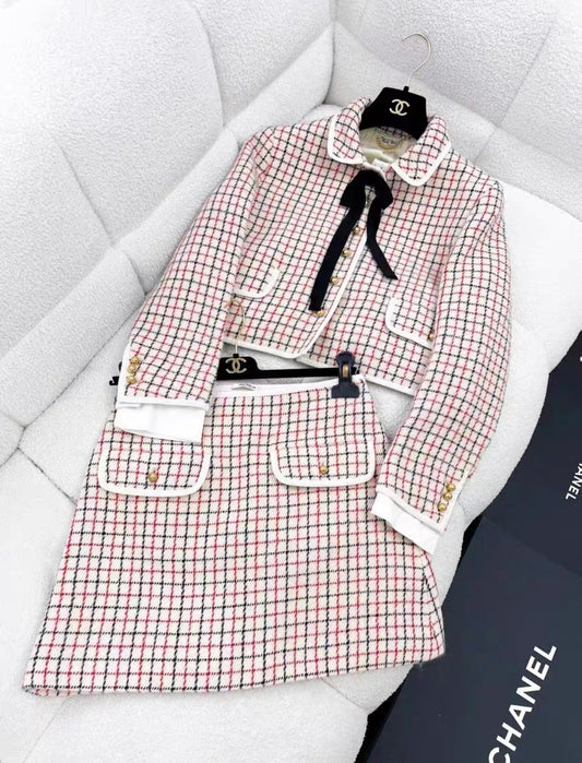 Miu Miu pink plaid jacket and skirt set in size 40