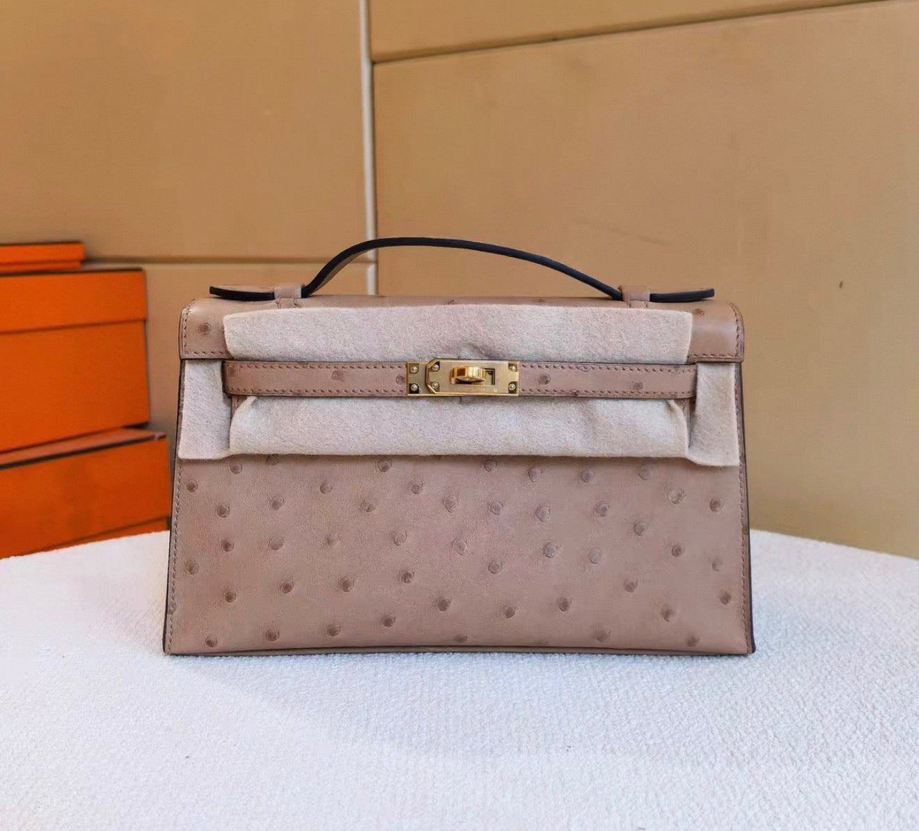 HERMÈS Kelly Pochette Chai Matte Ostrich Leather Gold Hardware