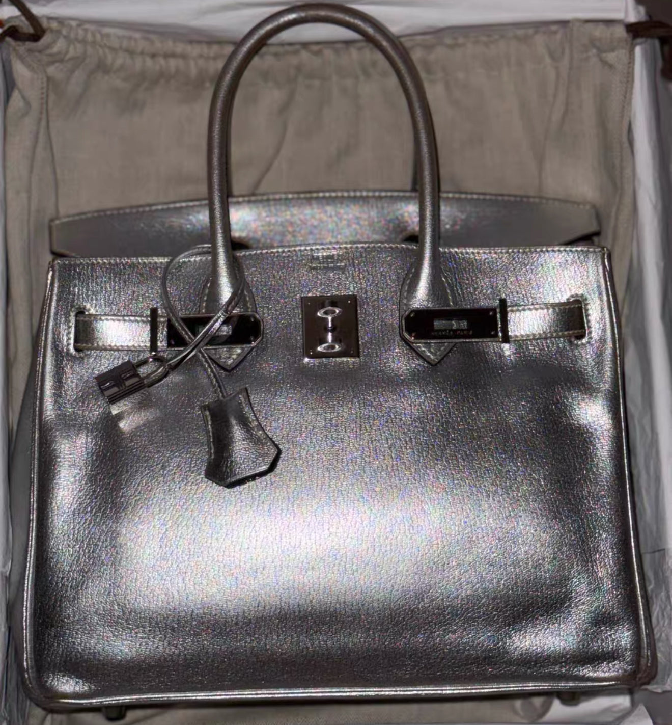 Super rare! Hermes Birkin 30 Metallic Silver Chèvre Leather Palladium Hardware