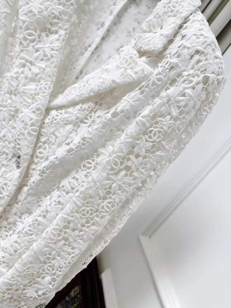 Chanel 23C White Lace Embroidered Double C Camellia Blazer