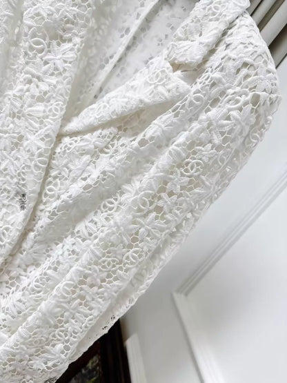 Chanel 23C White Lace Embroidered Double C Camellia Blazer