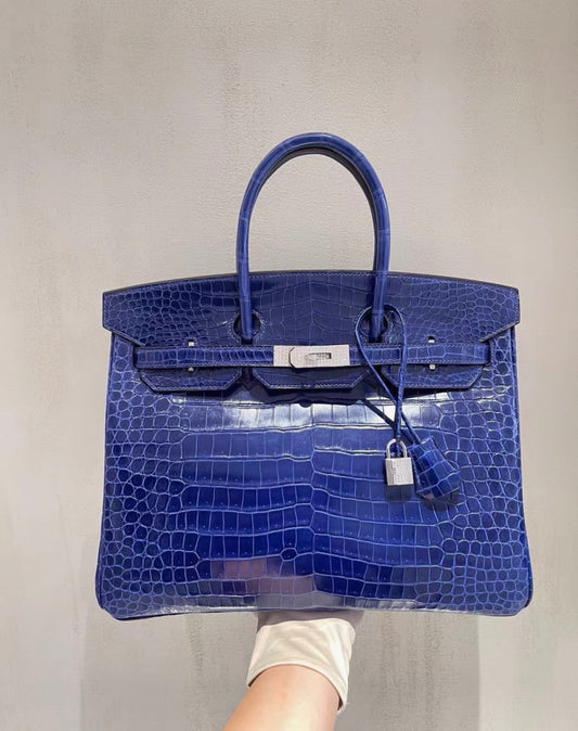 Hermès Birkin 35 Bleu Electric Shinny crocodile Leather Diamond Hardware