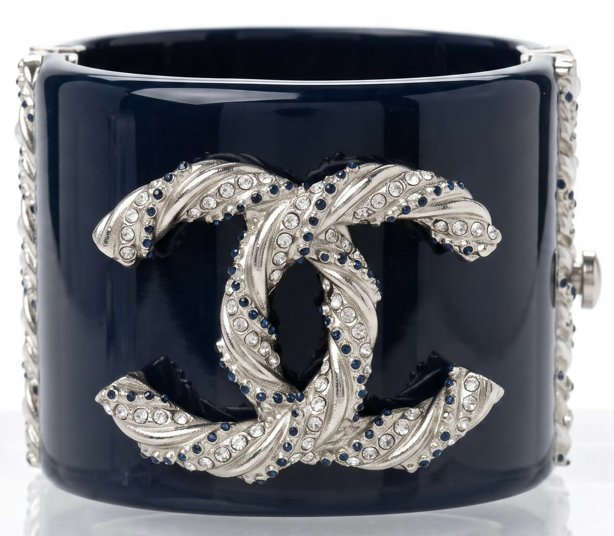 Chanel 13P Navy Blue Silver Crystals Lucite Statement Bracelet Cuff
