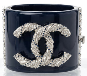 Chanel 13P Navy Blue Silver Crystals Lucite Statement Bracelet Cuff