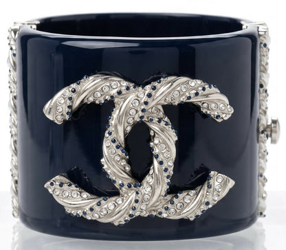 Chanel 13P Navy Blue Silver Crystals Lucite Statement Bracelet Cuff