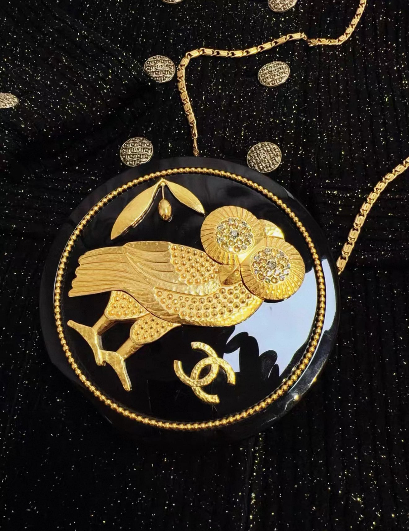 Chanel 18C Black Plexiglass & Gold Owl Gold-Tone Hardware Minaudière