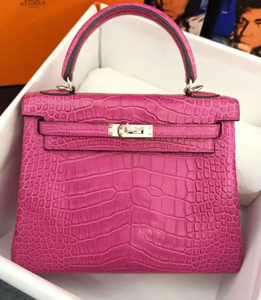 Hermes Kelly 25 rose pourpre matte alligator leather palladium hardware