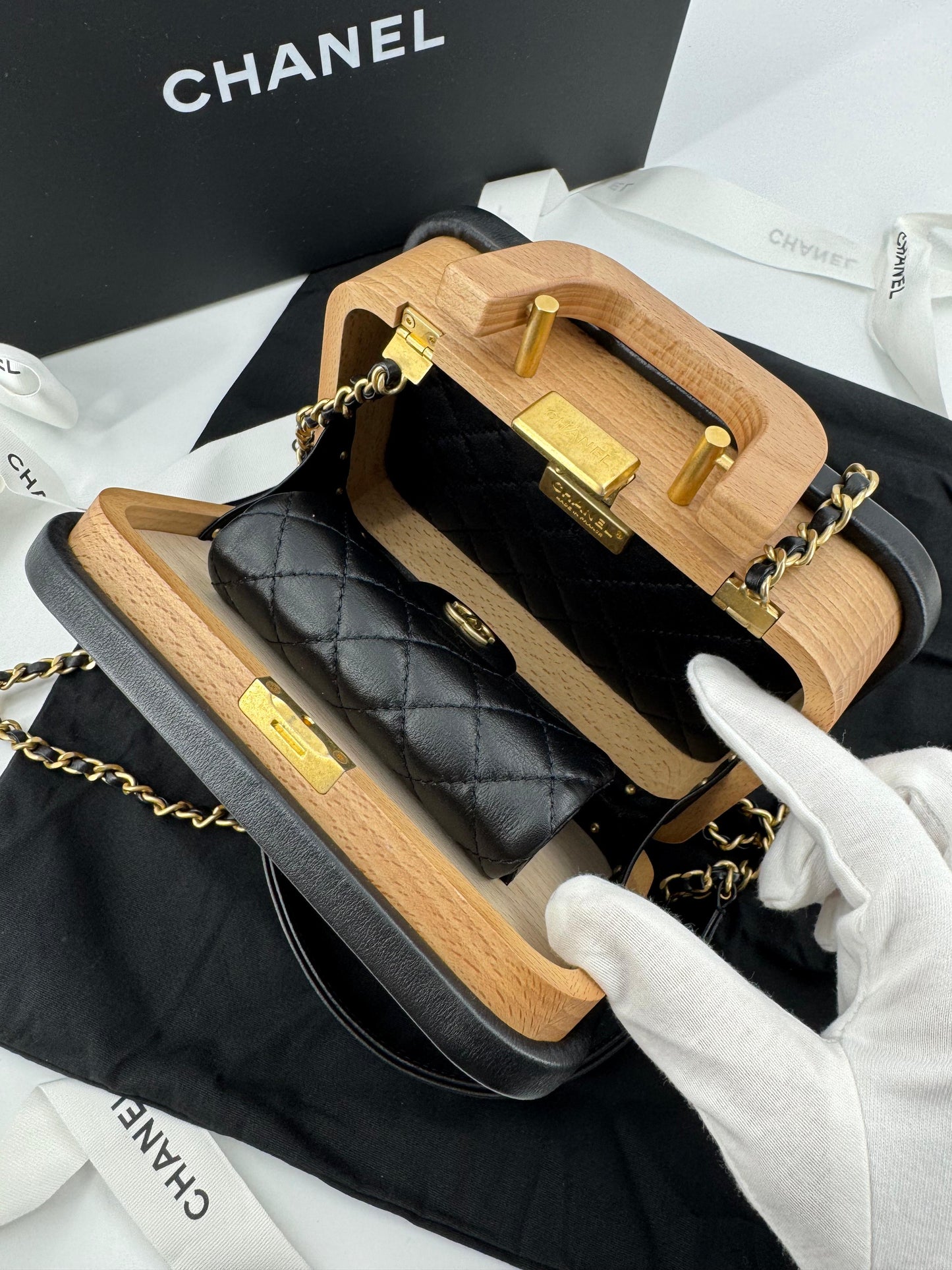 Chanel 2022 Beech Wood and Black Lambskin CC Vanity Case Brushed Gold Hardware