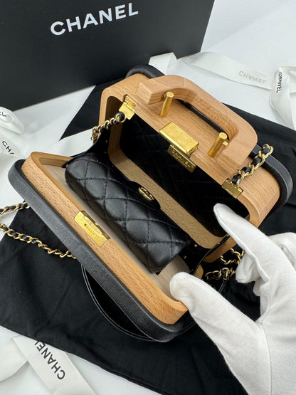 Chanel 2022 Beech Wood and Black Lambskin CC Vanity Case Brushed Gold Hardware