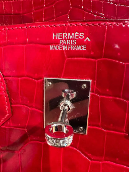 Hermès Birkin 35 Rouge Braise Shiny Porosus Crocodile 18K White Gold and Diamond Hardware