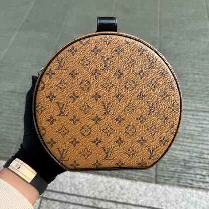 Louis Vuitton 2018 Brown Reverse Monogram Canvas, Corduroy, and Leopard Petit Boite Chapeau Souple Bag Silver Hardware
