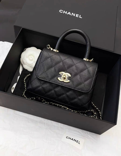 Chanel 24K Nano Coco Top Handle Flap Bag Black Caviar Light Gold