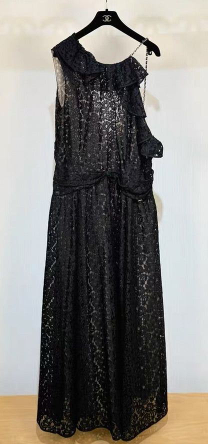 Chanel black lace evening dress