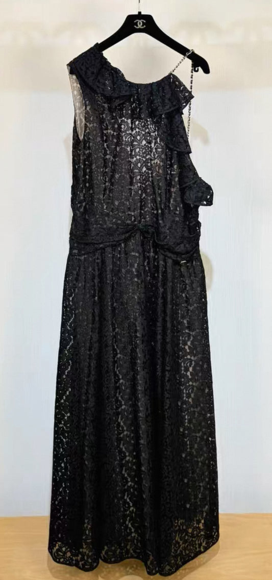 Chanel black lace evening dress