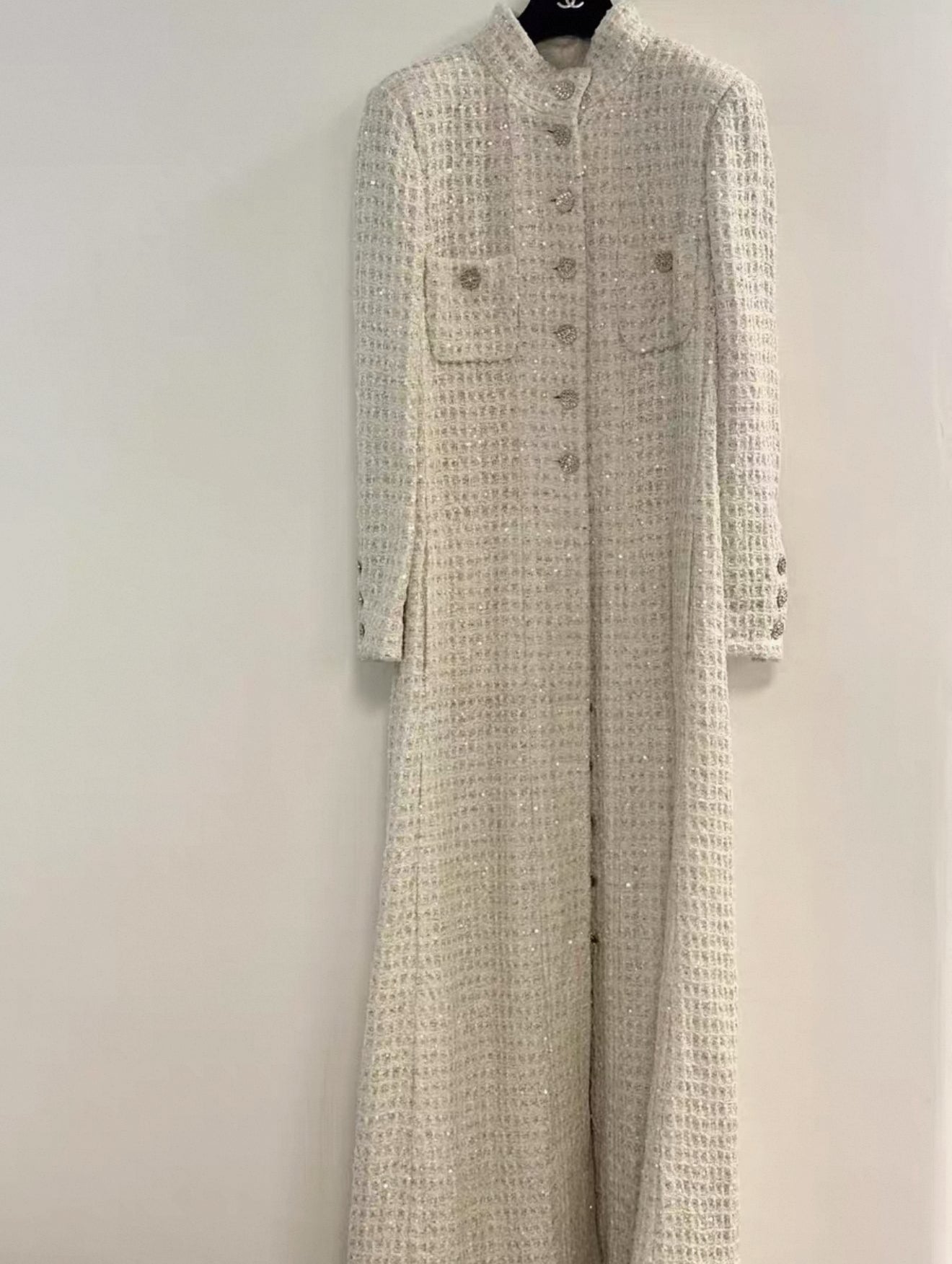 Chanel 22A White écru Sequinned Long Coat 42FR