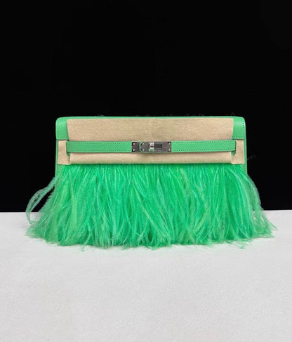 Hermès Kelly Elan Foile Vert Comics Chevre and Ostrich Feather Palladium Hardware