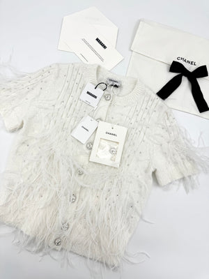 Chanel 25S white feather cardigan