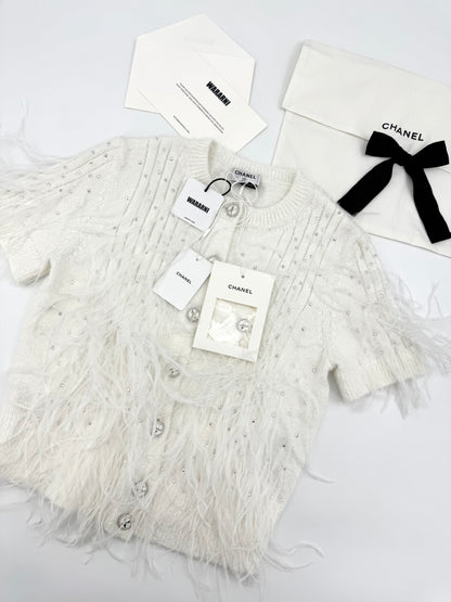 Chanel 25S white feather cardigan