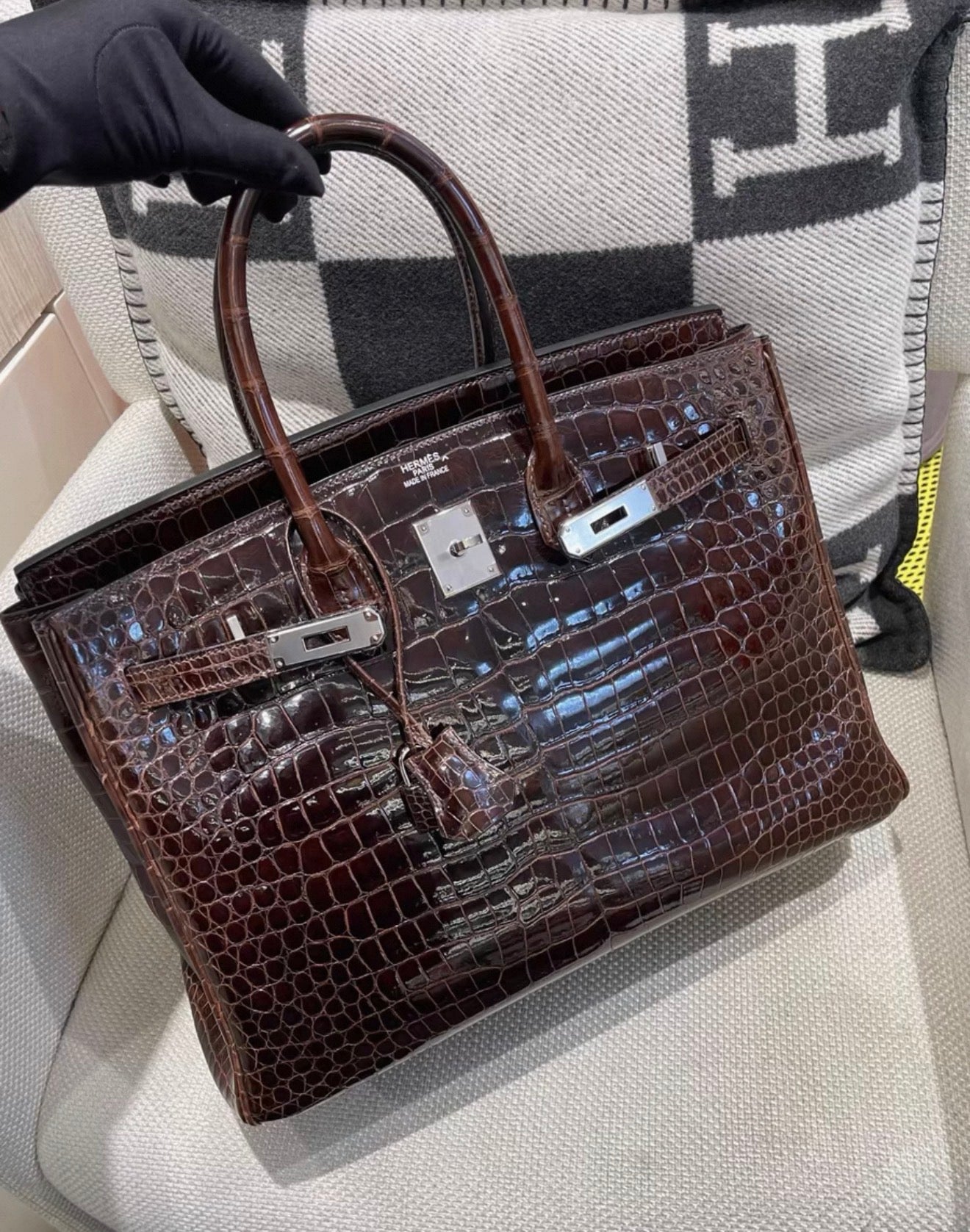 Hermes Birkin 35 brown shiny crocodile leather palladium hardware