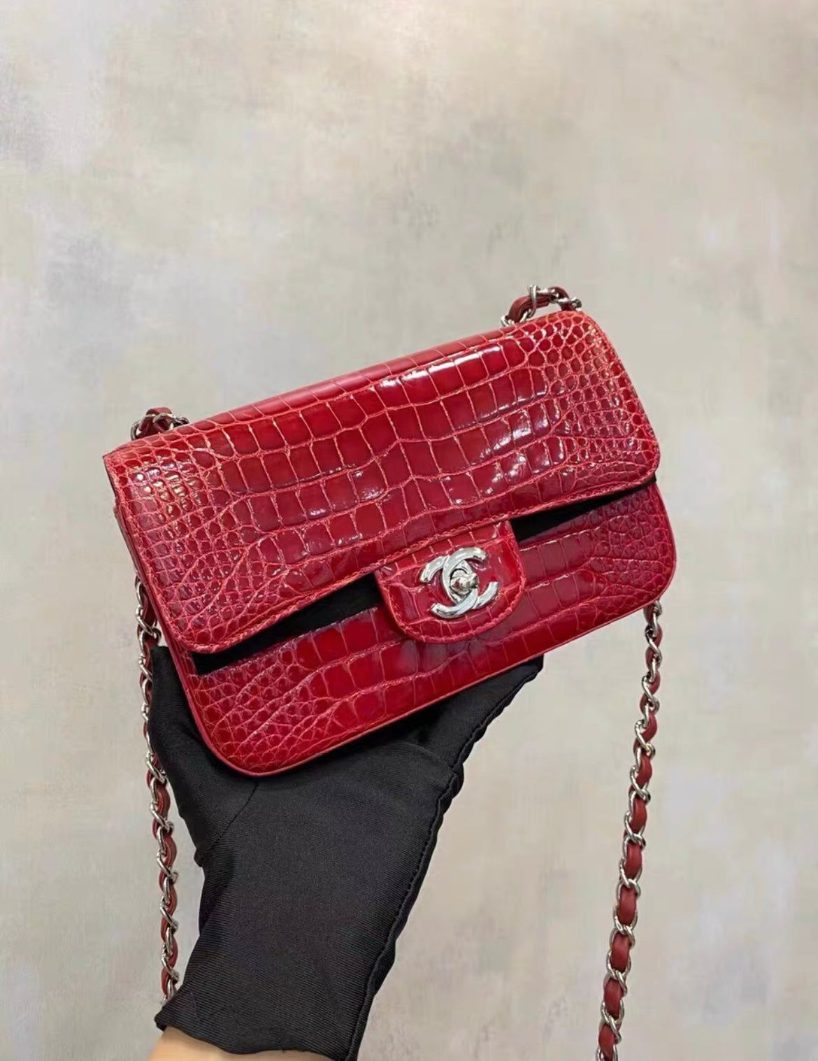CHANEL Red Shiny Alligator Classic Mini Flap Bag with Silver