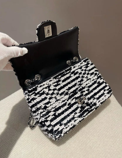 CHANEL 24S MINI SEQUINS BLACK/WHITE Flap