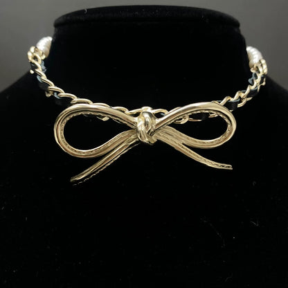 Chanel 22s bow pearl leather chain choker necklace