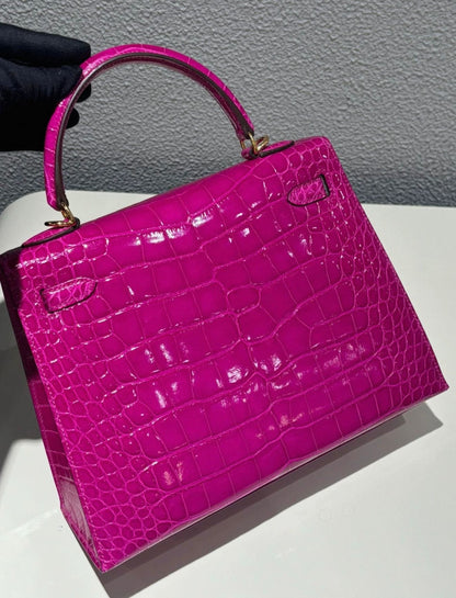 Hermes Kelly 25 Fuchsia 5J shiny crocodile leather gold hardware