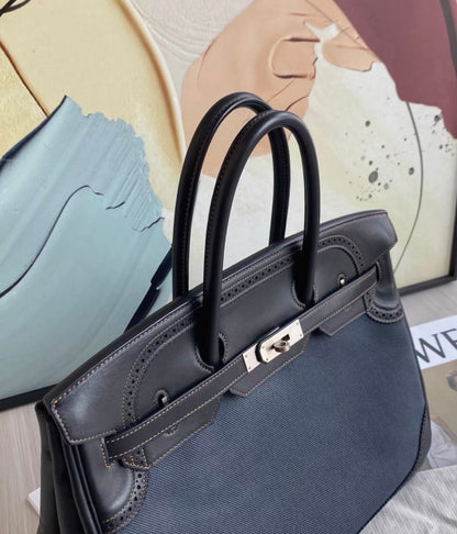 HERMÈS Birkin Ghillies 35 Noir Denim Denim Evercalf Brushed Palladium
