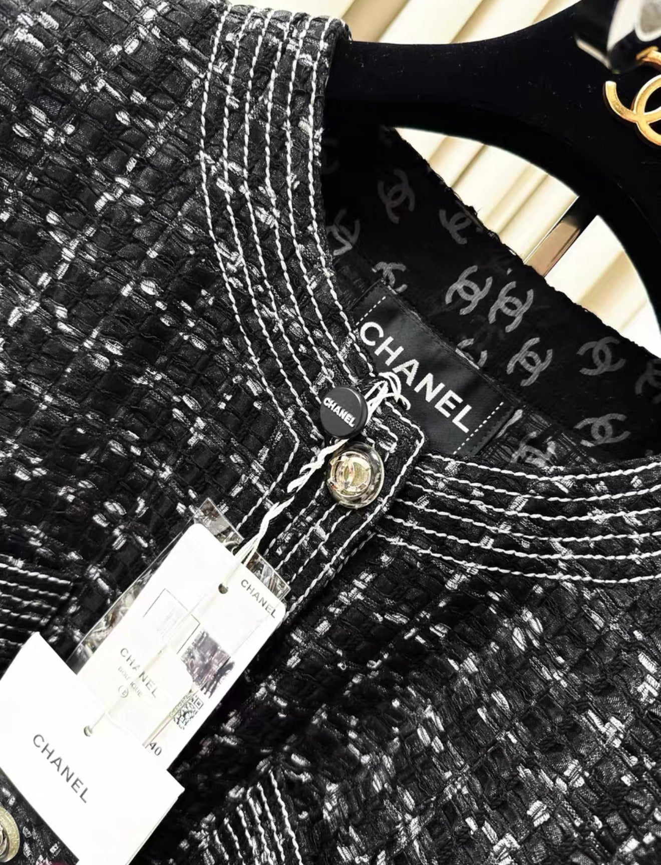 Chanel 20p black houndstooth long coat